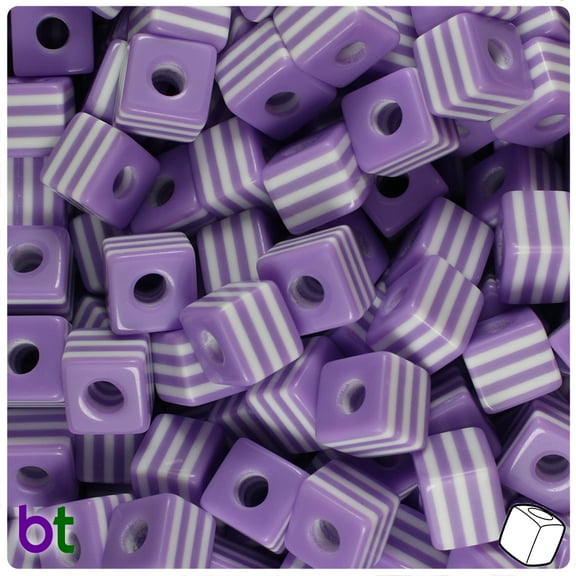 Purple & White Striped 10mm Cube Plastic Resin Beads (100pcs)