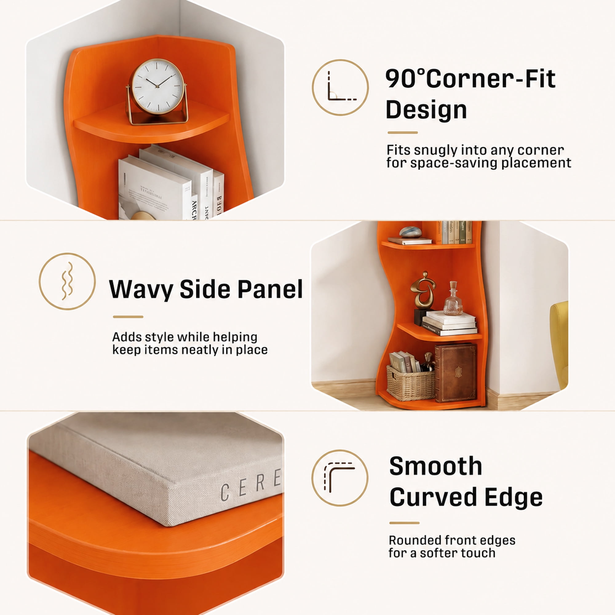Curved Corner Shelf 3-Tier, 90° Wall-Mounted Space-Saving Storage, Waterproof High-Density Board, 5kg Per Shelf Capacity for Living Room Bedroom Bathroom