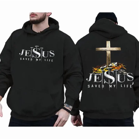 Jesus Saved My Life Hoodie-Unisex Graphic Pullover Hoodie, Cross and Crown Design, Long Sleeve, Soft Cotton Blend Material