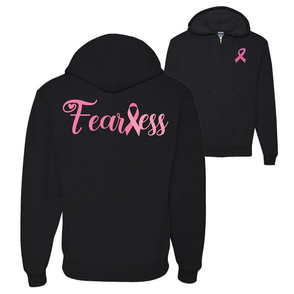 Wild Bobby Breast Cancer Awareness Fearless Pink Ribbon Support Warrior Women Front and Back Graphic Zip Up Hoodie Sweatshirt, Black, Small