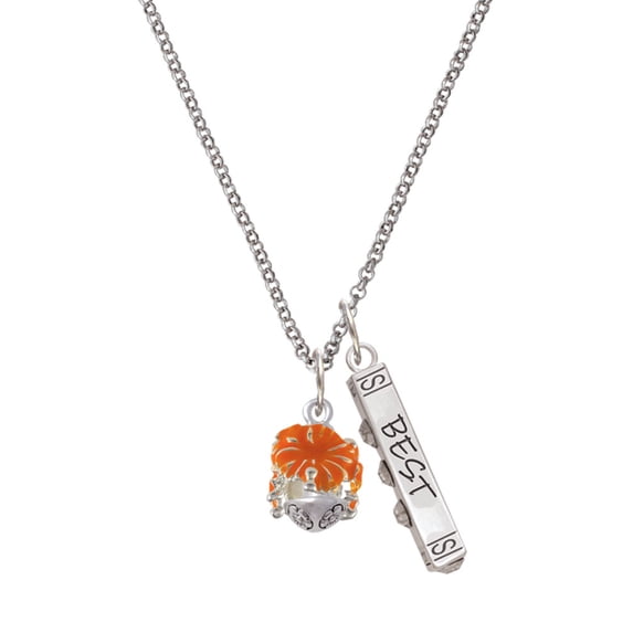 Delight Jewelry Hot Orange Hibiscus Flowers Spinner Silvertone Best Friends Forever Bar Charm Necklace, 23"
