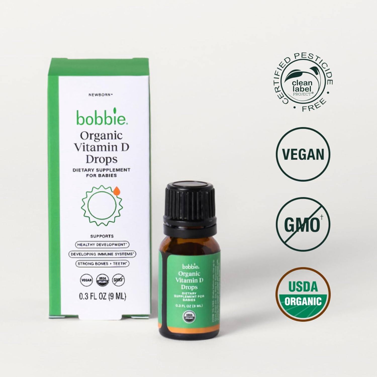 Bobbie Organic Infant Vitamin D Drops, Daily Dietary Supplement for Babies, Immune System and Healthy Development Support, Certified USDA Organic, 0.3 fl oz