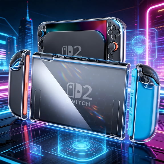 HEYSTOP Switch 2 Case with Screen Protector - Clear Dockable Protective Cover for Nintendo Switch 2, Includes Joy-Con Grips & 6 Thumb Grips