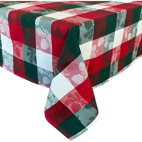 Lintex Country Rustic Farmhouse Pinecones Christmas Cotton Tablecloth, Evergreen Pinecone Cottage Plaid Winter Holiday Tablecloth, 60” x 102” Oblong/Rectangle