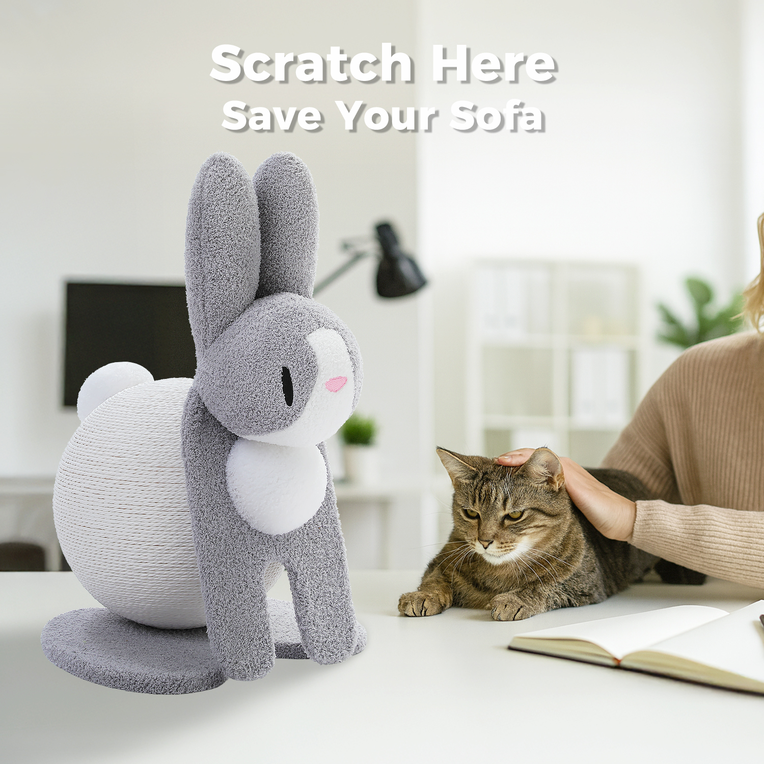 PEQULTI 23" Cute Cat Scratching Post Bunny Style Cat Scratcher with Paper Rope for Indoor Kitten Gray