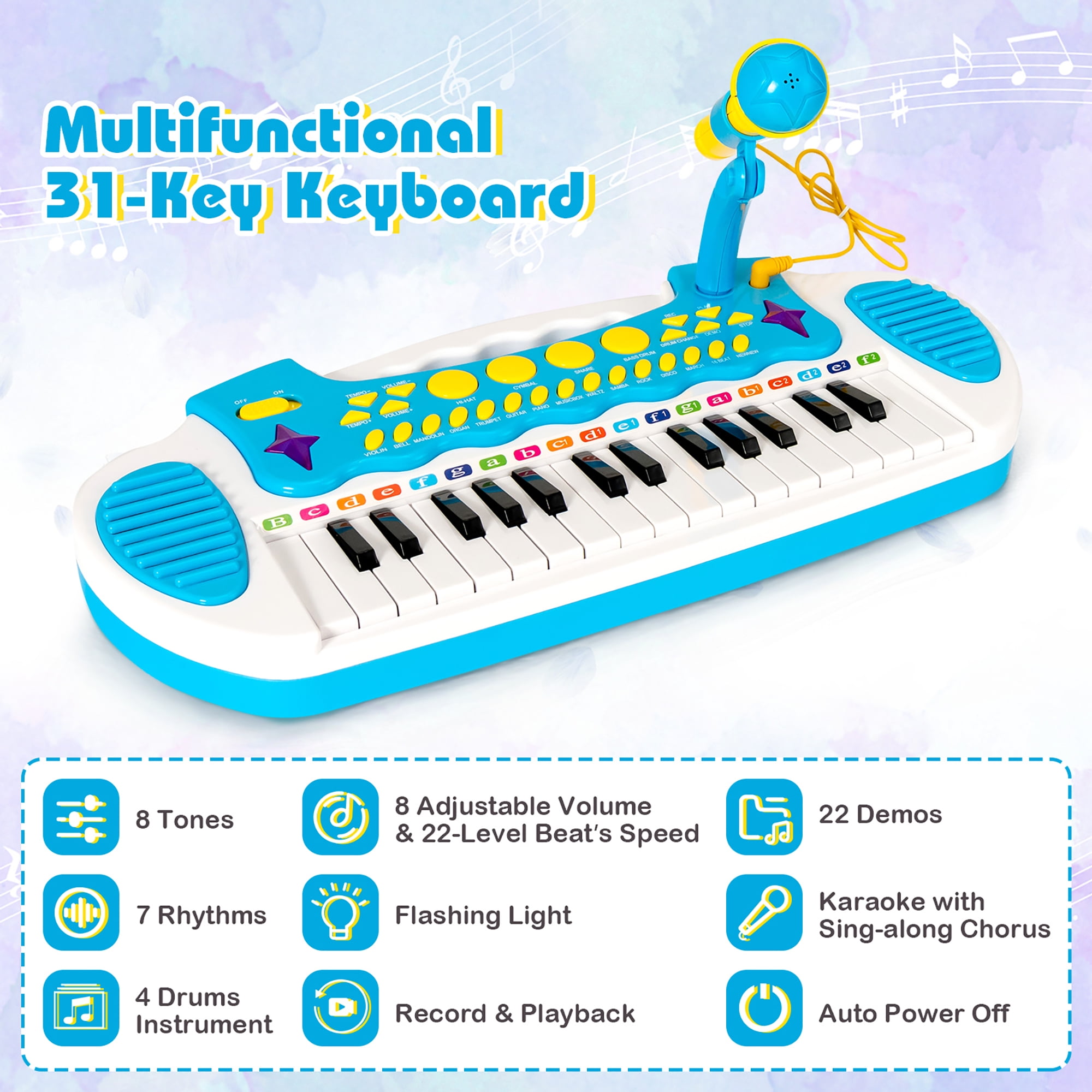Costway 31 Key Kids Piano Keyboard Toy Toddler Musical Instrument w/ Microphone Blue