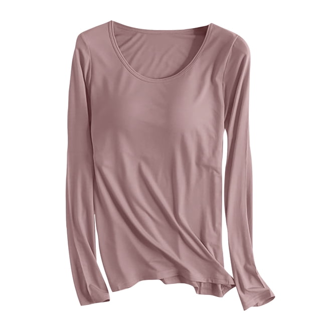 AherBiu Hauts pour Femmes avec Soutien-Gorge Intégré Manches Longues Col Rond Pyjamas Rembourrés Confortables Vêtements de Nuit Couleur Unie