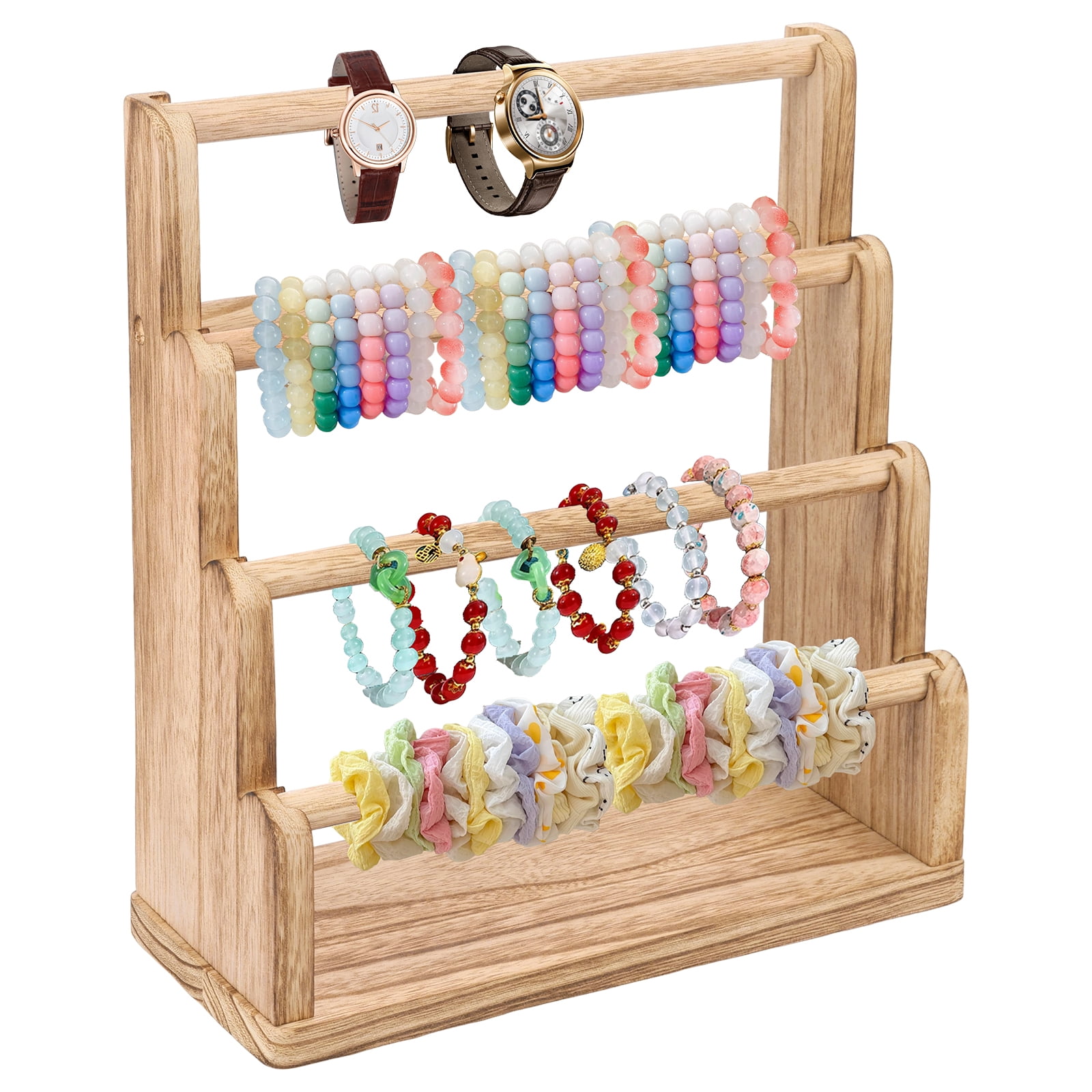 Wood Bracelet Holder 4 Tier Large Capacity Jewelry Organizer Display Stand Watch Hanger (woodcolor )