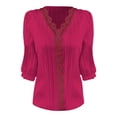 thumbnail image 4 of Hueook Tshirts Shirts for Women Tee Shirt Fashion Women's V-Neck 3/4 Sleeve Casual T-shirt Solid Blouse Hot Pink M, 4 of 5