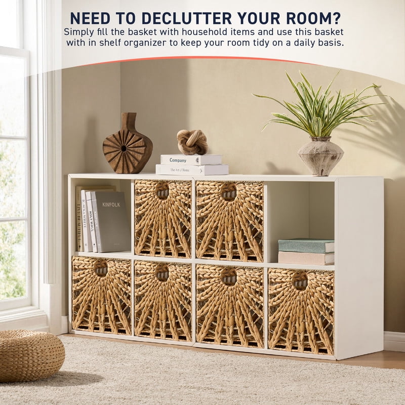 Ornavo Home 13 x 13 Inches Water Hyacinth Seagrass Storage Basket Set of 8 | Natural Handwoven Cube Organizer Bins with Handles for Shelves, Closets, Living Room, Bedroom, Pantry and Laundry