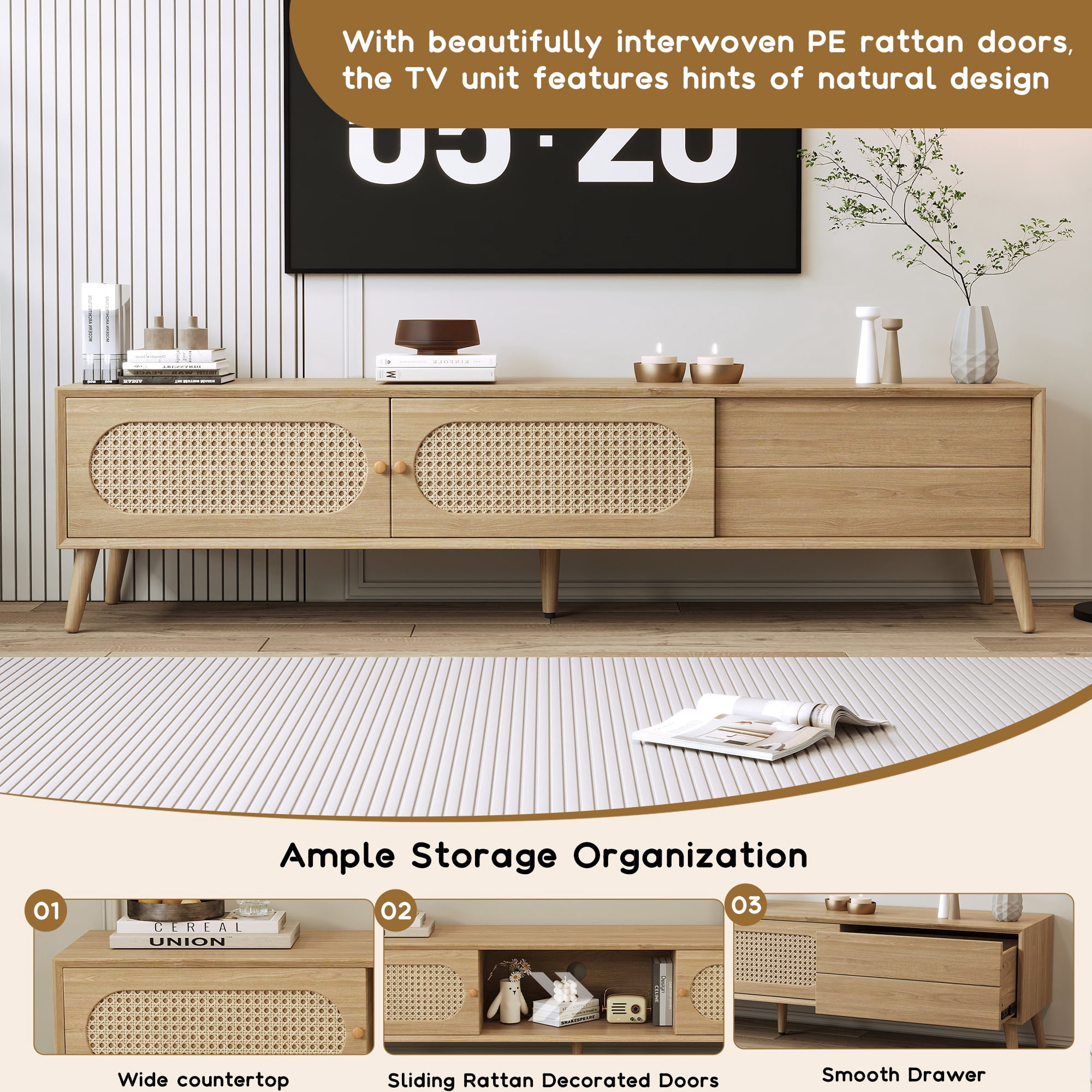 Paproos TV Stand for TVS up to 80", Modern Farmhouse Entertainment Center with Drawers, Storage Shelves, TV Console with Solid Wood Legs, TV Media Cabinet for Living Room, Bedroom, Natural