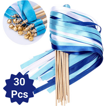 LQQBOX 30 Pcs Ribbon Sticks Chromatic Silk Ribbon with Bells Fairy Stick Wish Wands for Wedding and Valentines Party (Blue)