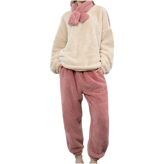 Women's Fuzzy Warm Winter Pajamas Set Casual Long Sleeve Fluffy Tops and Pants Set 2 Piece Loungewear Sleepwear