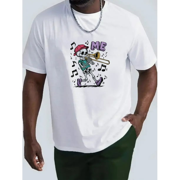 Camiseta informal de manga corta con estampado de esqueleto y trombón para hombre