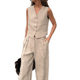thumbnail image 2 of Women'S 2 Piece Outfits Linen Vest Waistcoat Dressy Casual Sets Wide Leg Pants Suits Khaki L, 2 of 10