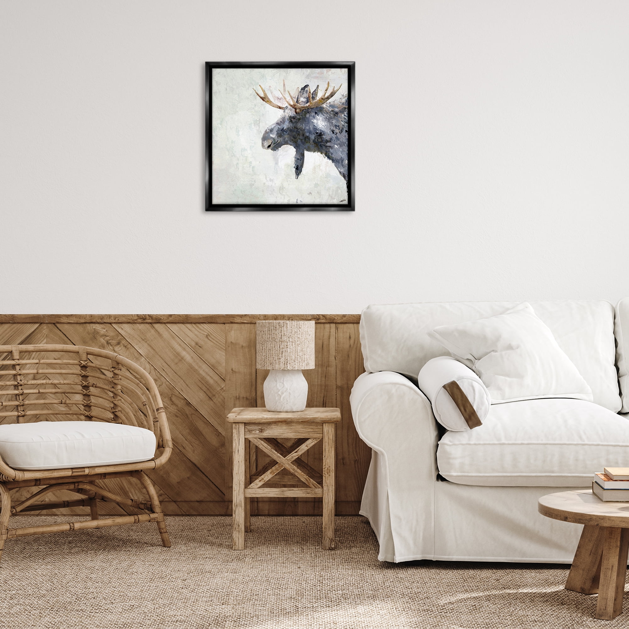 Stupell Industries Rustic Moose View Animals & Insects Painting Black Floater Framed Canvas Art Print Wall Art, 25 x 25