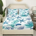 thumbnail image 3 of Erosebridal Coastal Bed Sheets Set Full Nautical Beach Sheet Set For Young Cartoon Starfish Seaweed Seashell Sheets Teal Sea Life Deep Pocket Flat Fitted Sheet, 3 of 6