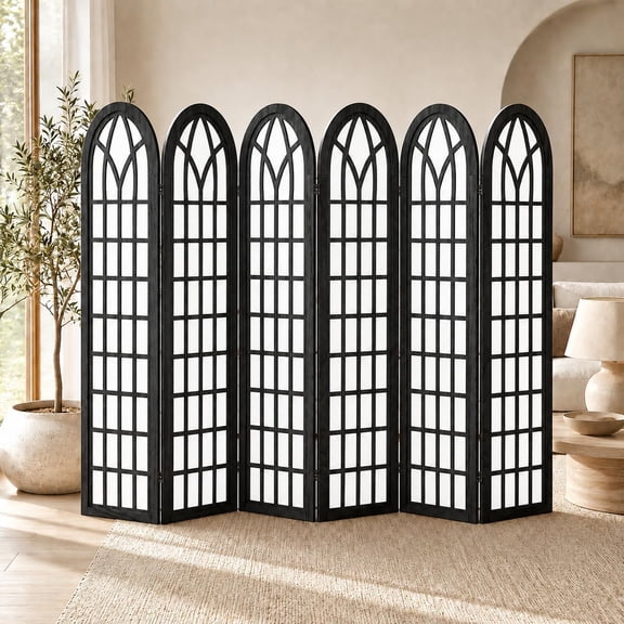 6 Panel Japanese Room Divider, Shoji Style Partition Divider, Fully Assembled Wooden Privacy Screen for Home Office Bedroom Apartment Decoration, Black
