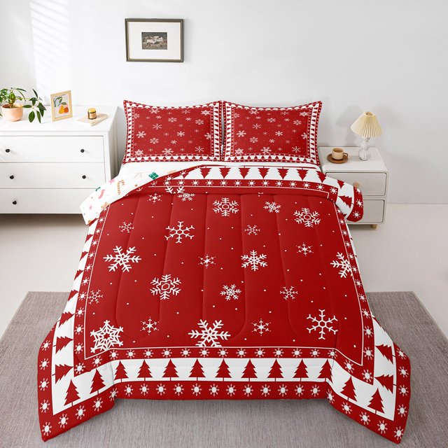 YST Red Christmas Comforter Set Christmas Tree And Snowflake Bedding Comforters & Sets King Size Boho Xmas Holiday Decorative Bedding For Boys Girls Kids Snowflake Decorations Room Decor