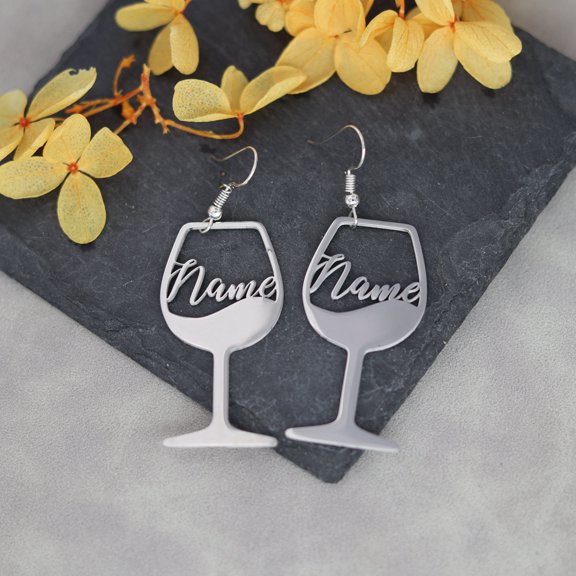 Personalized Customized Goblet Name Initial Letter Nameplate Dangle Earrings for Women Stainless Steel Jewelry Gift