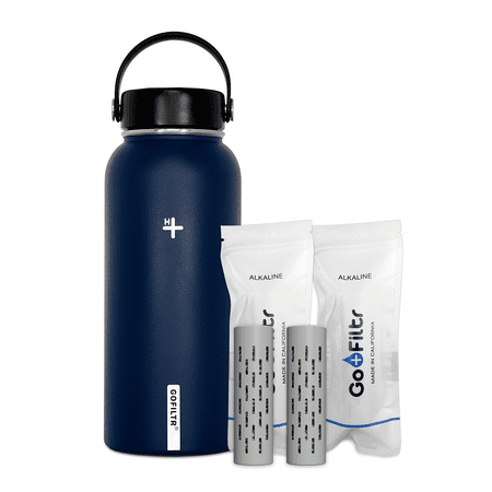 

GOFILTR 32 oz Alkaline Water Bottle Kit | 2 GoFiltr Alkaline Original Mineral Ionized Water Infusers + 32 oz Insulated Stainless Steel Water Bottle (Denim / Wide Mouth)