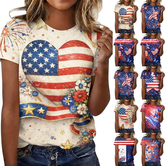 KDDYLITQ Womens 250 Anniversary Usa Tshirt Causal Usa Flag Short Sleeve Tees Patriotic Red White and Blue 4th Of July Tops Usa Star Stripes Graphic Crew Neck T-Shirts Dark Blue S