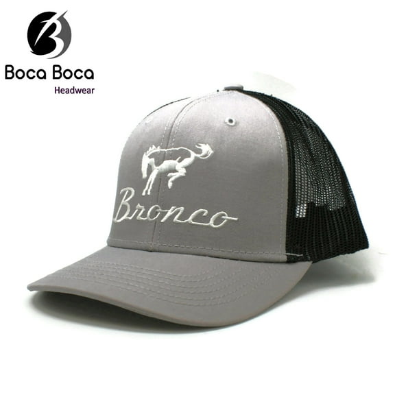 Ford Bronco Trucker Hat, Vented Mesh, Embroidered Logo, 50% Cotton 50% Polyester, Grey with Black Mesh Back