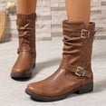 thumbnail image 2 of Women's Mid Calf Combat Riding Boots Trendy Leather Buckles Side Zipper Winter Fall Slouchy Boots for Women, 2 of 7
