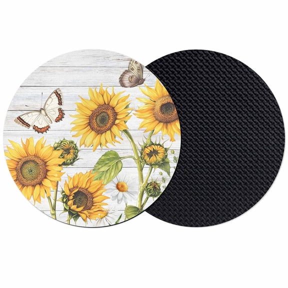 Yellow Sunflowers Coasters Set of 2, Absorbent Coasters for Drinks, Vintage Country Flowers Butterfly Wood Board Coaster for Desk Coffee Table Protection, Home Decor House Warming Gifts 4"