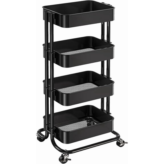 Black 3-Tier Rolling Storage Cart with Mesh Baskets and Lockable Wheels, Mobile Organizer for Kitchen Office Bathroom, Space Saving Metal Utility Trolley,Black,4 Tier