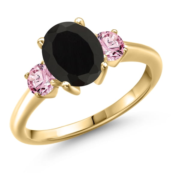 Gem Stone King 10K Yellow Gold Black Onyx and Pink Lab Grown Diamond Engagement Ring for Women | 2.50 Cttw | Oval 9X7MM | Gemstone December Birthstone | Size 5