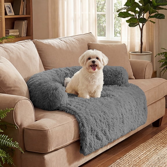 Exnote Calming Dog Bed for Furniture Protector, Shaggy Plush Pet Sofa Cover with Removable Washable Cover, Non-Slip Soft Dog Mat for Small Medium Large Dogs and Cats, Deep Grey