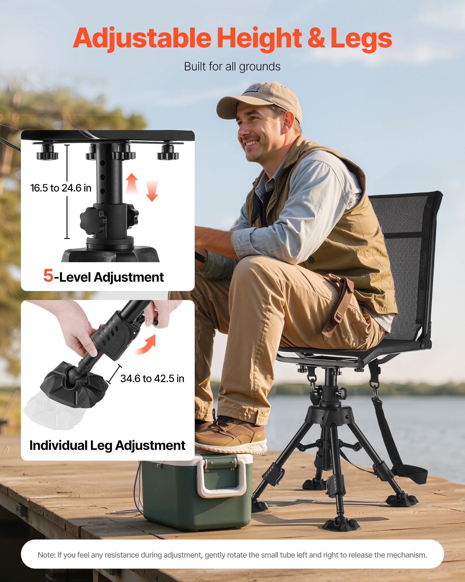 VEVOR Hunting Chair, 360° Silent Swivel, Foldable Portable Blind Chair, Heavy-Duty Steel Frame Ground Stool Seat with Anti-Sink Swivel Feet, Height Adjustable, 350 Lbs Capacity for Fishing Camping