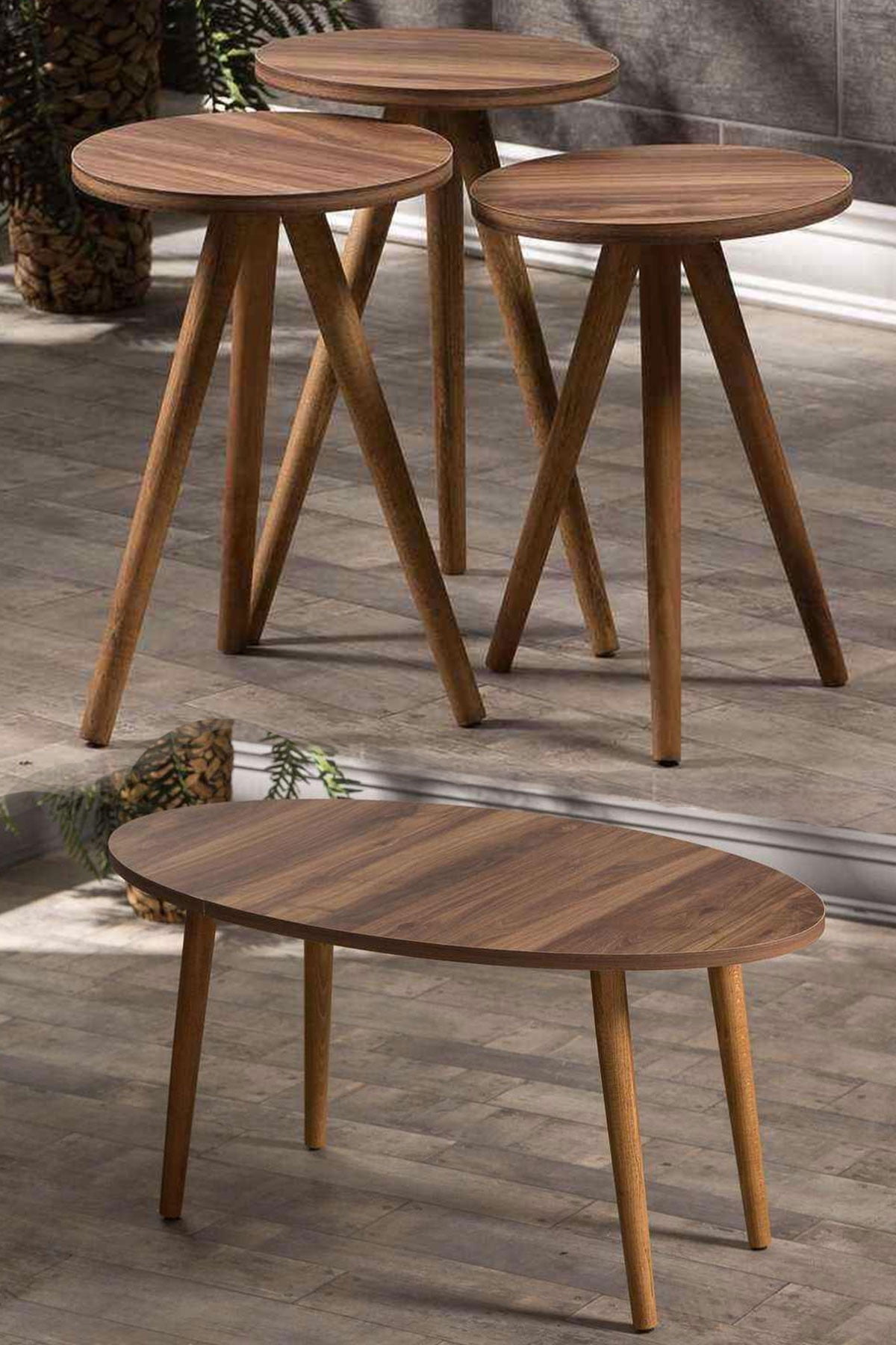 Walnut Oval Coffee Table Set with 4 PCS,Set With 3 Modern Round Nesting