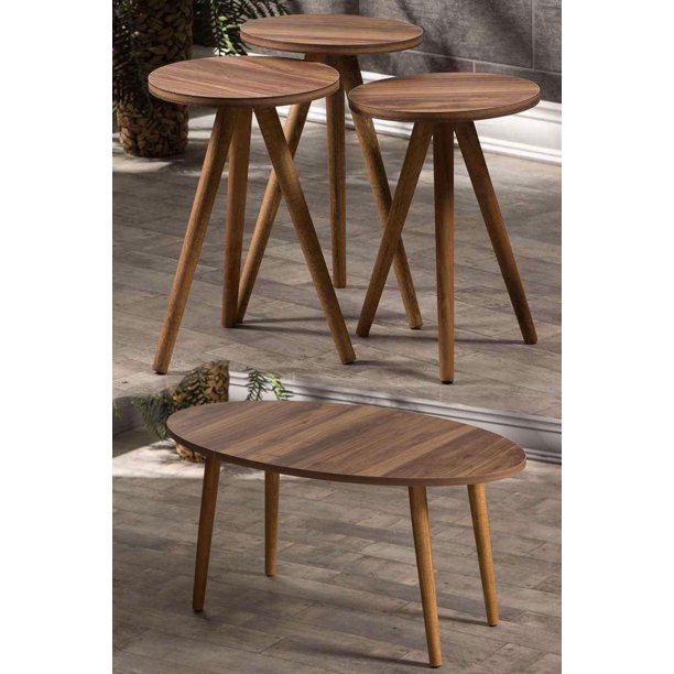 Walnut Oval Coffee Table Set with 4 PCS,Set With 3 Modern Round Nesting