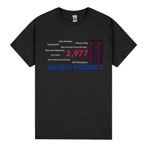 9/11 Memorial Shirt We Will Never Forget T-Shirt September 11 Remembrance World Trade Center Twin Towers First Responder