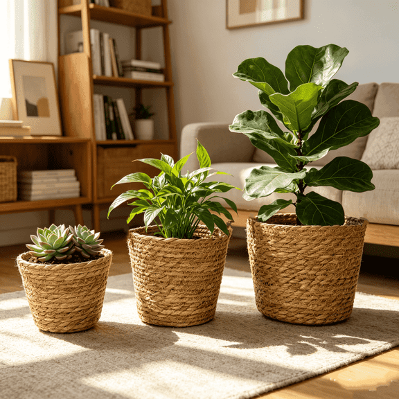 JUXIAO Natural Seagrass Planter Basket, 3 Small Multi-Functional Planter & Storage Organizer for Indoor/Outdoor Plants, Decorative Rattan Vase for Home & Garden,  Plants, Succulents