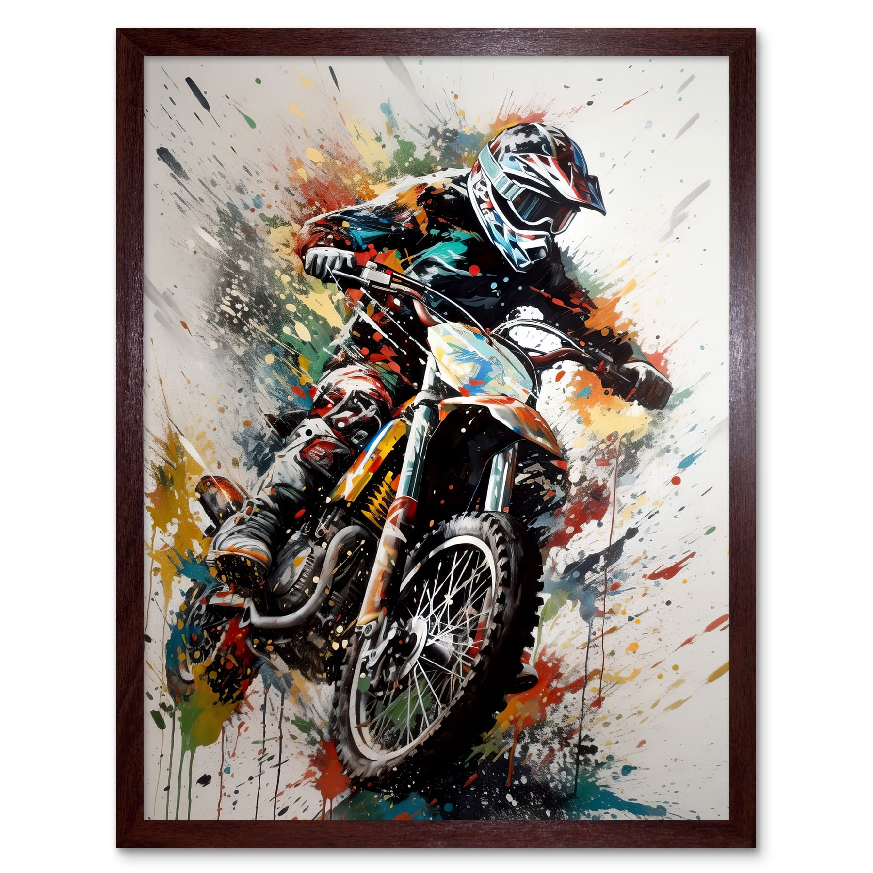 Motocross Racer Paint Splat Action Shot Portrait Art Print Framed