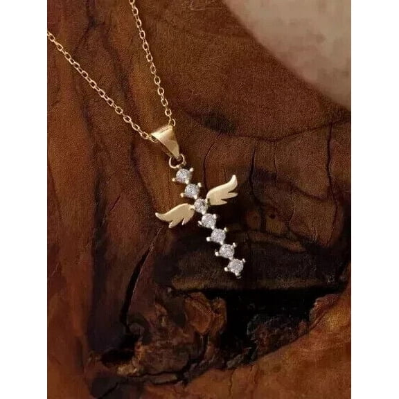 Silver Shop 1Ct Round Cut Cubic Zirconia Cross Pendant In 14k Yellow Gold Finish