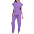 thumbnail image 2 of Hueook Womens Sweatsuits 2 Piece Set Women's Solid Color Casual Nurse Protective Uniform Short Sleeved Round Neck Shirt Set Purple L, 2 of 4