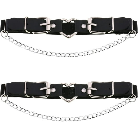 Women's Adjustable Leather Leg Garter Belt,Gothic Heart with Chains Leg Thigh Elastic Garter 2PCs