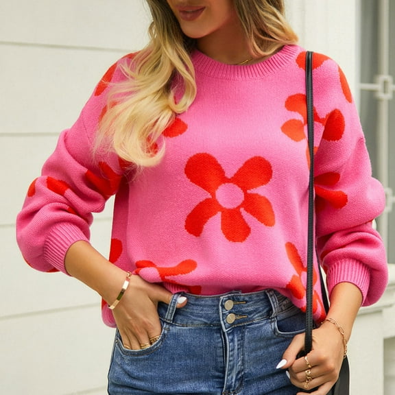DailyTrove Women's Floral Print Pullover Sweatshirt, Long Sleeve, Casual Garden & Brunch Wear, Lightweight Cotton Blend, Plus Size Friendly