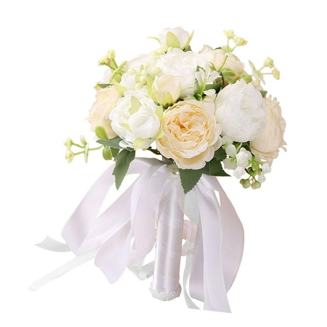 Ramo de dama de honor con rosas de seda y borlas de cinta para accesorios de ceremonia de boda. Champán