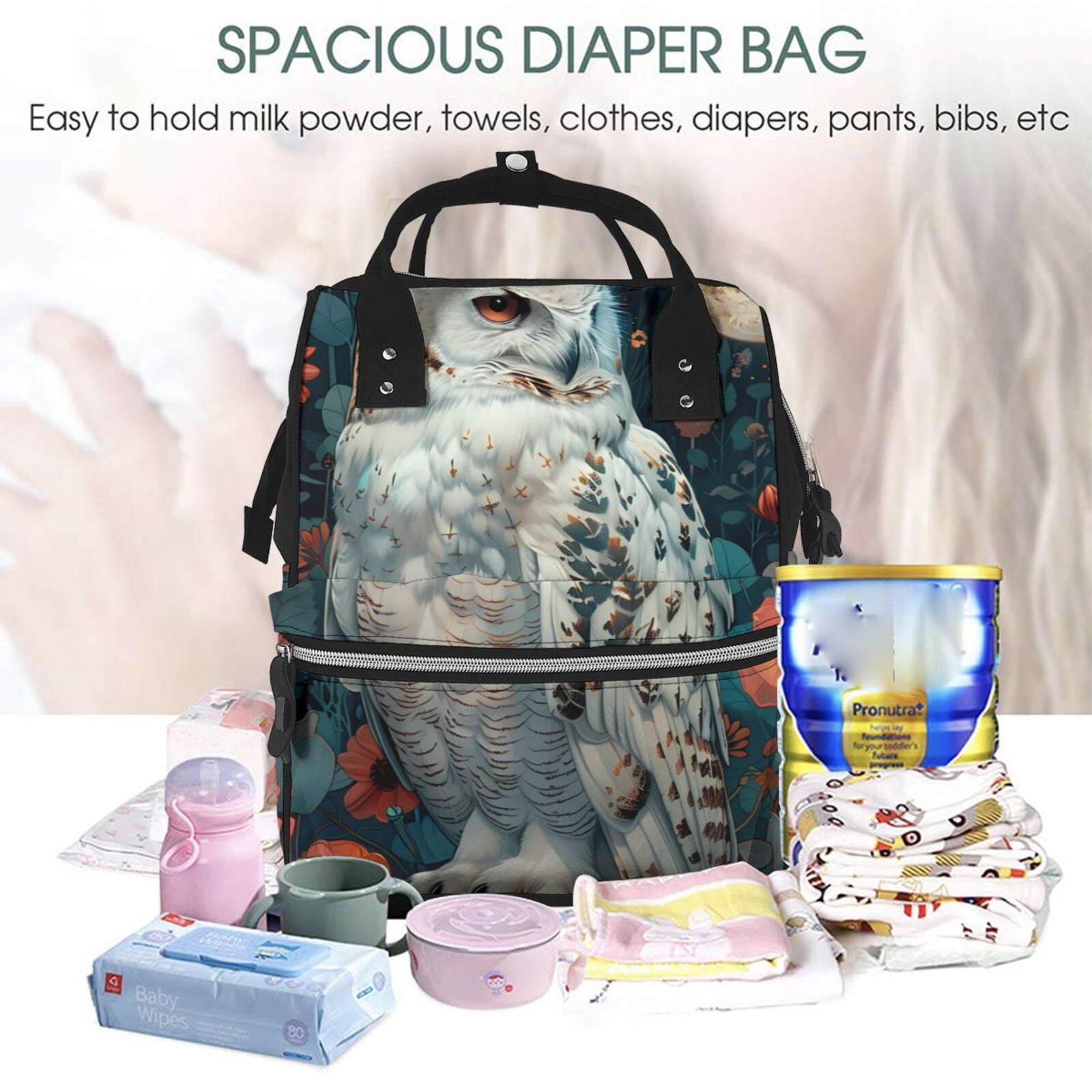 Fuzoiu Moon Flower White Owl Print Diaper Bag Backpack,Baby Essentials Travel Tote,Multi function Waterproof Diaper Bag, Travel Essentials Baby Bag - Unisex
