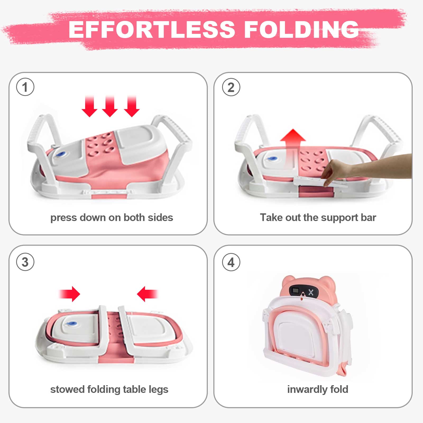 stusgo Collapsible Baby Bathtub, Plastic Baby Bath Tub with Soft Cushion & Thermometer（Pink）
