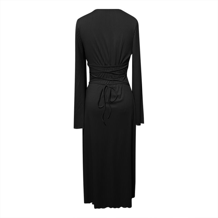 KkSLirnhs Womens Dresses under $10 Long Sleeves Fall and Winter New Solid  Round Neck Long Sleeve Split Loose Relaxed Dress for Women Maxi Dress Black  M - Walmart.com