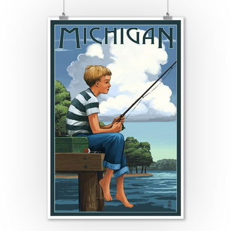 Michigan Wall Decor Michigan - Boy Fishing - Lantern Press Artwork (9x12 Art Print, Wall Decor Travel Poster) ()