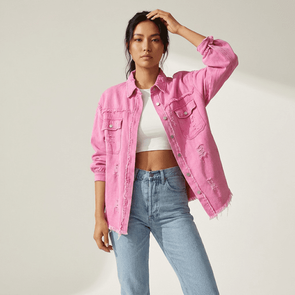 Aria Romance Women's Distressed Denim Jacket - Raw Edge Casual Jean Jacket S-2XL