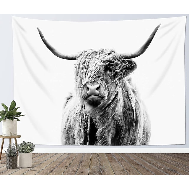 Highland Cow Tapiz Colgante de pared Granja Animal gris Toro Retrato Tapices Decoración de pared Rústico Animal Tapiz de ganado para sala de estar Dormitorio Tee