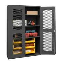 14 Gauge Flush Door Style Lockable Clearview Cabinet with 6 Yellow Hook on Bins & 3 Adjustable Shelves, Gray - 48 in.